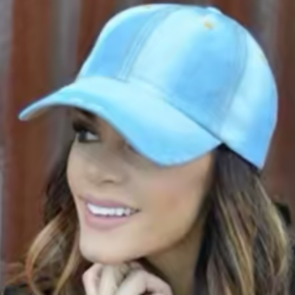 Distressed denim cap.